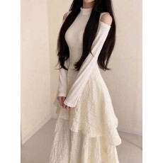 批发日系秋<b class='q'>冬</b>甜美风撞色拼接露肩连衣裙设计感收腰不规则荷叶边长裙女