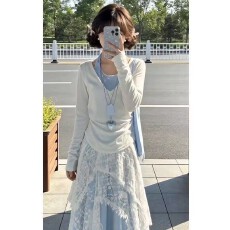 批发套装女2026春季新款韩系长袖防晒罩衫挂脖吊带假两件<b class='q'>半身裙</b>四件套