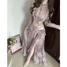 批发小香风套装女春夏绝美巨好看雪纺长袖上衣荷叶边半身<b class='q'>长裙</b>子一整套