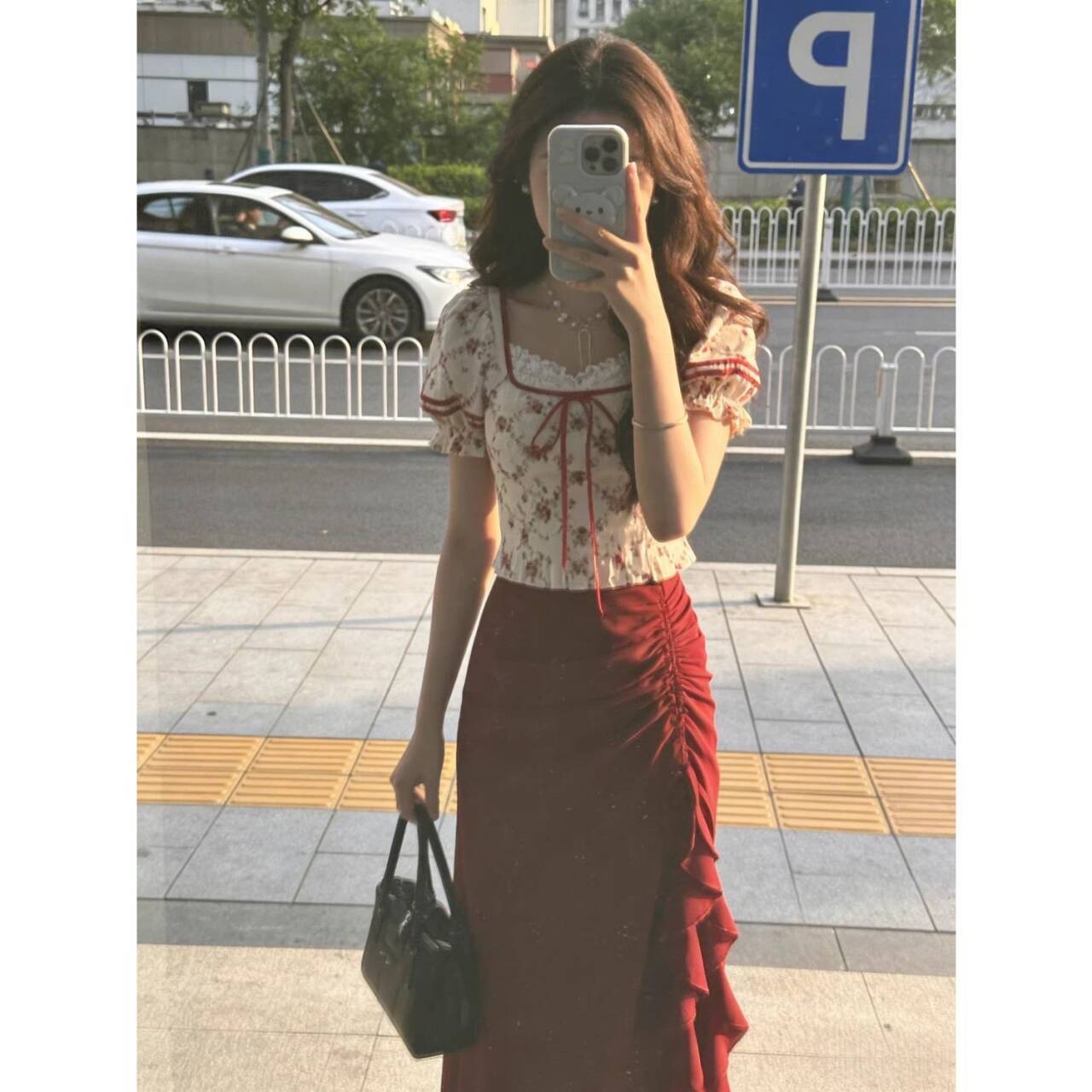 프랑스식 달콤함 꽃무늬 레이스업 맨위 불규칙 프릴 반 스커트 세트