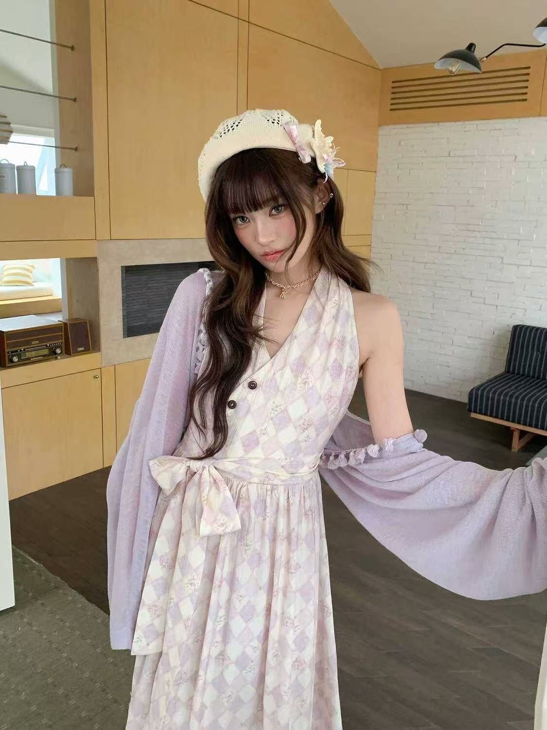보라색 링 체크무늬 꽃무늬 여성 드레스 레이스 조각 허리 수축 레이스업 조끼 치마 세트