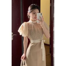 批发漫过雨雾 日系气质温柔杏色波点上衣罩衫修身复古连衣裙套装