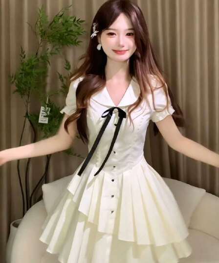 달빛 아래서 신음 일본식 하얀 달빛 착용 가져 가라. 2026 여름 분위기 센스 우유 화이트 거품 소매 여성 드레스