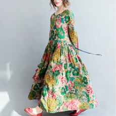 批发实拍2026春秋季新款休闲民族风<b class='q'>大码</b>女装印花收腰长袖中长款连衣裙