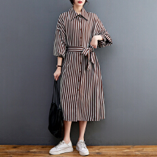 批发实拍2026春季新款宽松时尚英伦<b class='q'>春秋</b>条纹系带中长款长袖衬衫<b class='q'>连衣裙</b>