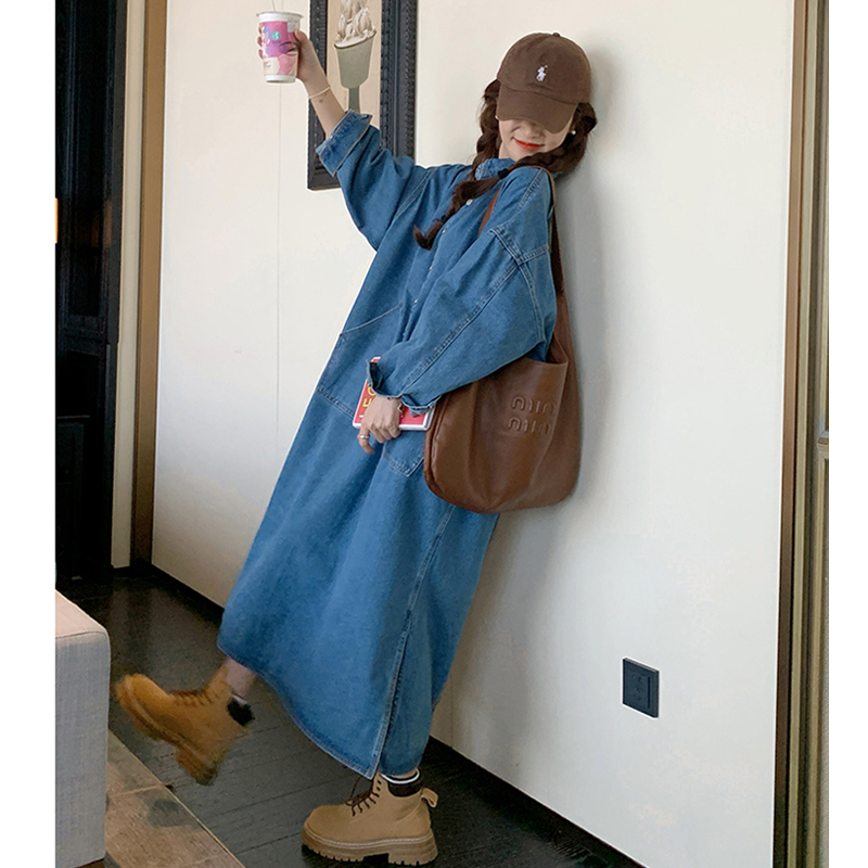 2026 봄 새로운 고급 센스 루즈핏 연령 감소 롱 코트 폴로 칼라 레트로 긴팔 셔츠 드레스 데님 드레스
