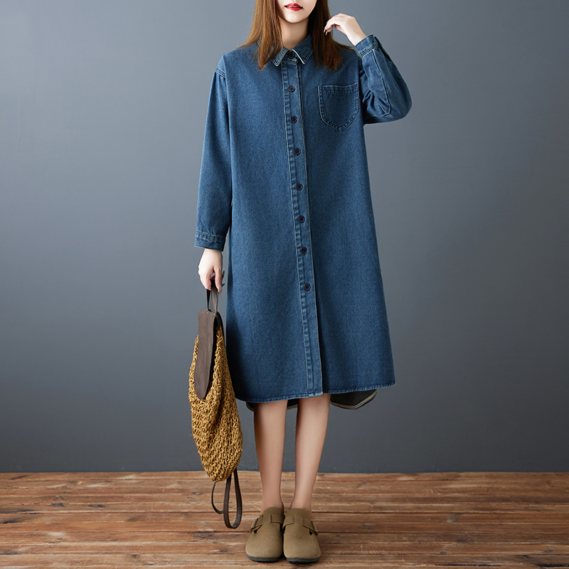 실사 2026 봄 루즈핏 연령 감소 중간 길이 폴로 칼라 긴팔 무거운 작업 레트로 셔츠 드레스 데님 드레스