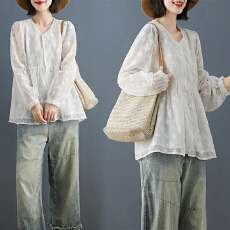 批发实拍2026春季新款女装时尚优雅气质绣花V领长袖蕾丝衫百搭女上衣