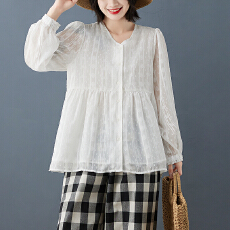 批发实拍2026早春新款女装宽松时尚气质舒适V领长袖蕾丝衫百搭女上衣