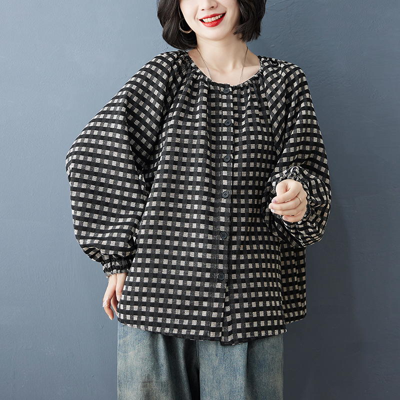 실사 2026 봄 새로운 패션 루즈핏 체크무늬 두꺼운 스타일 목이버섯 심지어 어깨 소매 오픈 가디건 셔츠 다용도 여성 셔츠