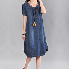 批发2026夏季韩版<b class='q'>大码</b>女装纯棉洗水牛仔裙宽松圆领短袖中长款连衣裙