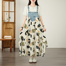 批发实拍2026夏季新款荷叶边宽松雪纺印花牛仔设计感背带中长款连衣裙