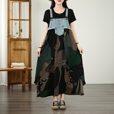 批发实拍2026夏季新款荷叶边宽松雪纺印花牛仔设计感背带中长款连衣裙