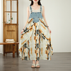 批发实拍2026夏季新款荷叶边宽松雪纺印花牛仔设计感背带中长款连衣裙