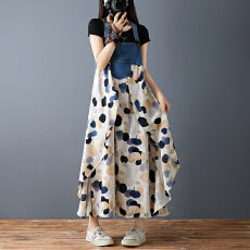 批发实拍2026夏季新款荷叶边宽松雪纺印花<b class='q'>牛仔</b>设计感背带中长款<b class='q'>连衣裙</b>