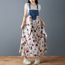 批发实拍2026夏季新款荷叶边宽松雪纺印花<b class='q'>牛仔</b>设计感背带中长款<b class='q'>连衣裙</b>