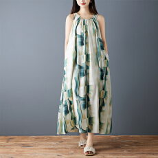 批发实拍2026夏季新款时尚背心长裙宽松雪纺印花无袖复古中长款连衣裙