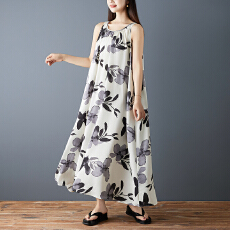 批发实拍2026夏季新款时尚背心长裙宽松雪纺印花无袖复古中长款连衣裙