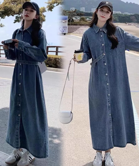 2026 가을 새로운 레트로 품격 긴팔 루즈핏 슬림해 보이는 캐주얼 셔츠 롱 스커트 디자인 센스 데님 드레스