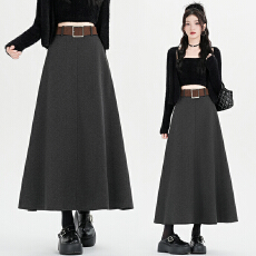 批发实拍秋冬新款时尚百搭毛呢A字大摆<b class='q'>裙</b>简约显瘦气质双口袋大摆<b class='q'>裙</b>