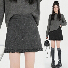 批发实拍秋冬新款毛呢小亮片木耳边半身裙高腰显瘦包臀A字短裙