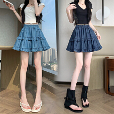 批发实拍夏季新款天丝牛仔<b class='q'>半身裙</b>高腰显瘦蛋糕裙洋气高腰蓬蓬短裙