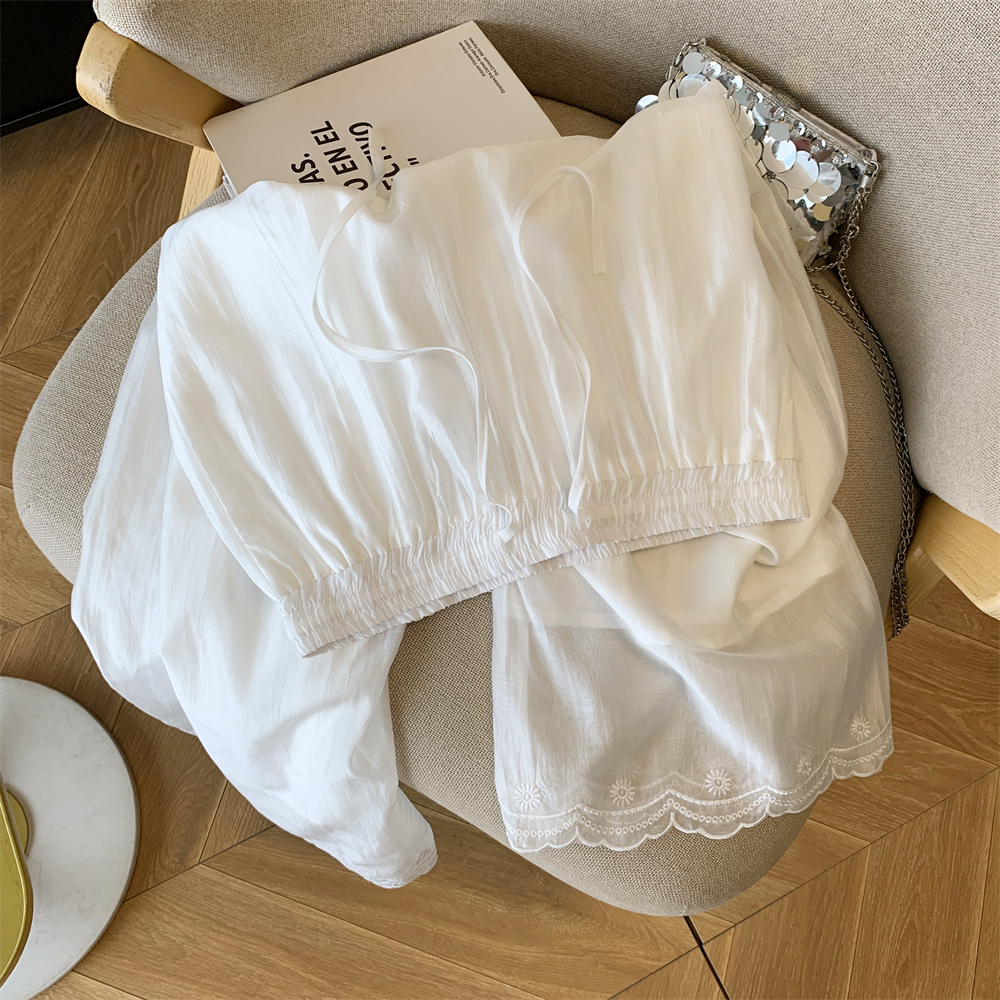 실사 프랑스식 레이스 자수 화이트 아마 캐주얼 스트레이트 팬츠 여성 새로운 얇고 가벼운 통기성 도루 센스 와이드 레그 팬츠
