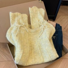 批发黄色蝴蝶结<b class='q'>一字肩</b>毛衣女2025新款秋季软糯套头针织衫