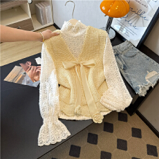 批发实拍 甜美无袖针织马甲蝴蝶结<b class='q'>蕾丝</b>小衫显瘦无袖针织背心<b class='q'>两件套</b>