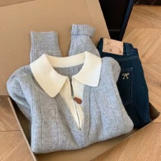 批发<b class='q'>假两件</b>叠穿半拉链翻领长袖<b class='q'>针织衫</b>毛衣女内搭可外穿设计感小众上衣