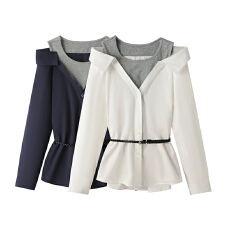 批发实拍 法式气质收腰路肩假两件<b class='q'>白色</b>长袖<b class='q'>衬衫</b>外套女配腰带漂亮<b class='q'>衬衣</b>