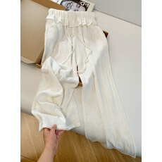 实拍 棉麻阔腿裤女慵懒松弛风薄款抽绳木耳荷叶边腰天丝棉直筒裤