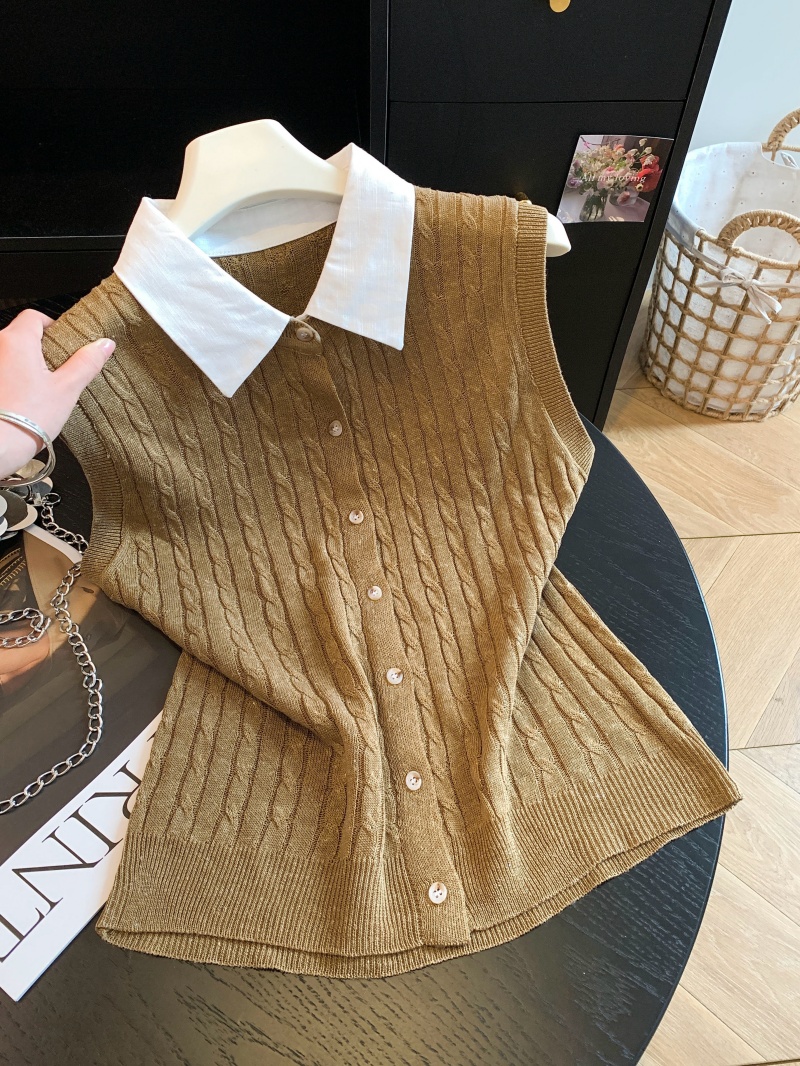 꽈배기 POLO 칼라 민소매 오픈 가디건 얼음 실크 니트 조끼 여성 수 있습니다. 외출용 여름 고유 한 아름다운 베스트 작은 맨위