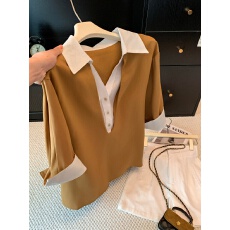 批发老钱风polo翻领拼接假两件<b class='q'>亚麻</b>衬衫女2026早秋宽松百搭显瘦上衣