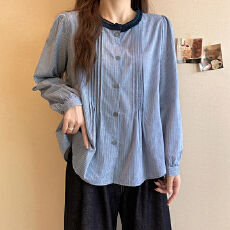 批发<b class='q'>实拍</b>秋季新款大码女装花边领条纹长袖<b class='q'>衬衫</b>胖MM宽松显瘦捏褶上衣