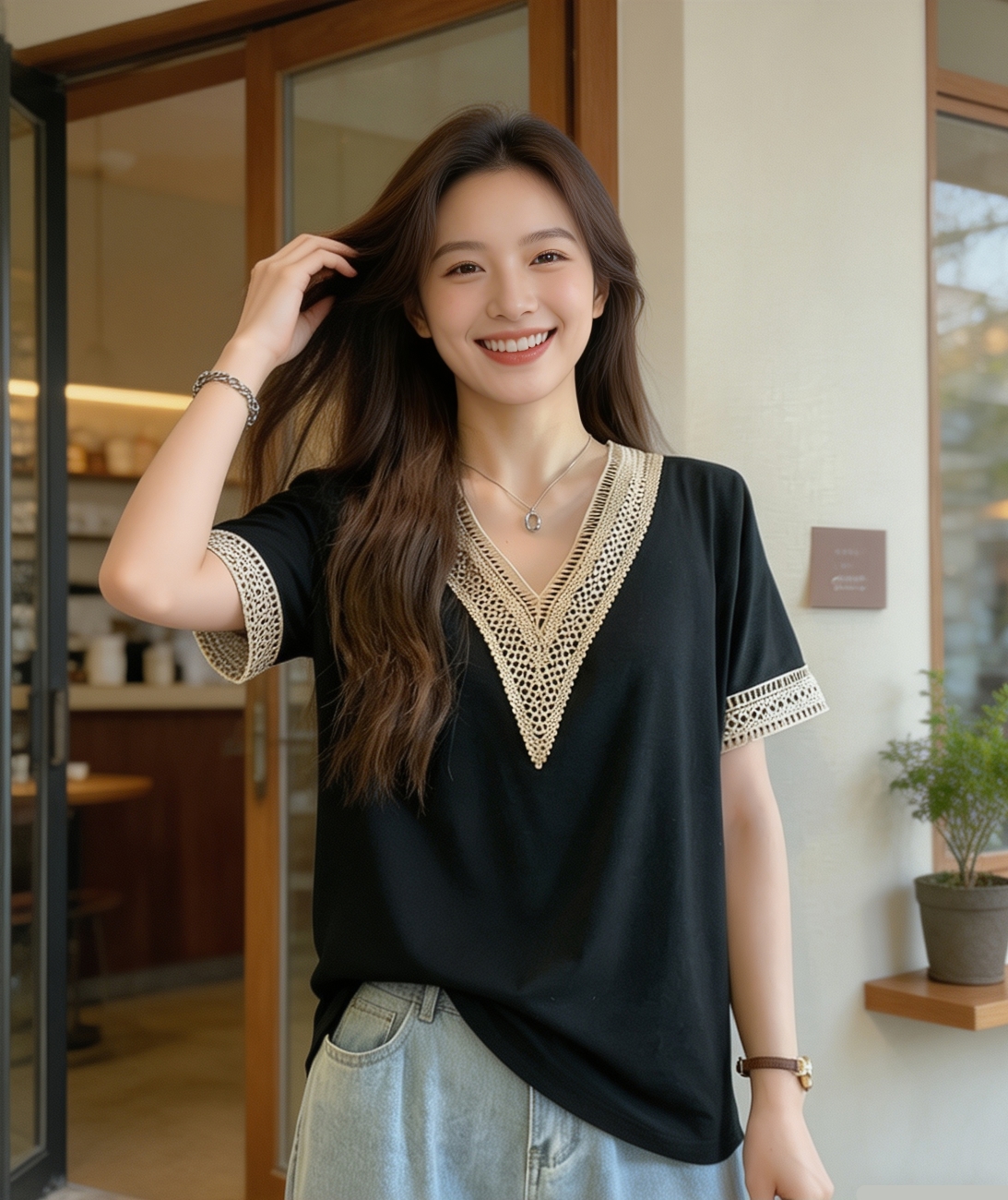 2026 여름 드레스 새로운 지방 mm 루즈핏 슬림해 보이는 V넥 품격 디자인 센스 Chic 빅 사이즈 여성 의류 반팔 티셔츠 트렌디