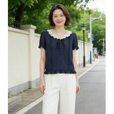 批发夏季新款胖mm法式<b class='q'>气质</b>撞色娃娃领<b class='q'>衬衣</b>设计感立体条纹上衣宽松短袖