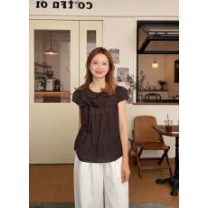 批发实拍夏季新款复古娃娃领蝴蝶结格纹减龄衬衣大码女装显瘦短袖上衣