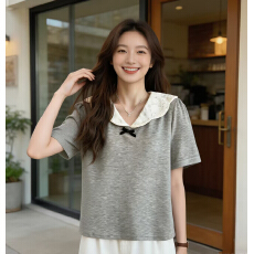 批发2026夏季新款胖mm显瘦韩版法式撞色翻领气质短袖<b class='q'>T</b><b class='q'>恤</b>大码女装上衣