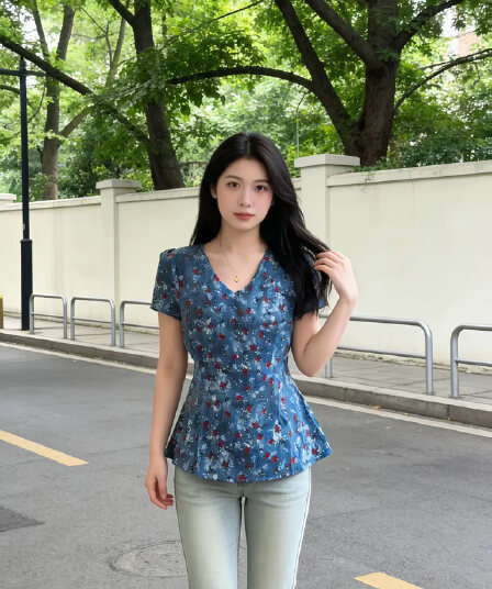 실사 여름 새로운 슬림해 보이는 V넥 셔츠 한국 스타일 작은 꽃무늬 반팔 맨위 고급 센스 다용도 빅 사이즈 여성 의류 티셔츠