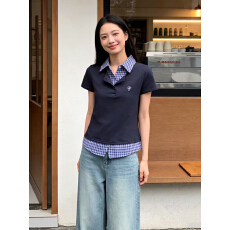 批发实拍夏装新款学院风polo领正肩胖mm显瘦假两件大码女装短袖T恤