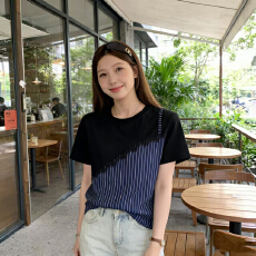 批发实拍2026夏装新款胖MM宽松显瘦拼接假两件短袖t恤大码女装高级感