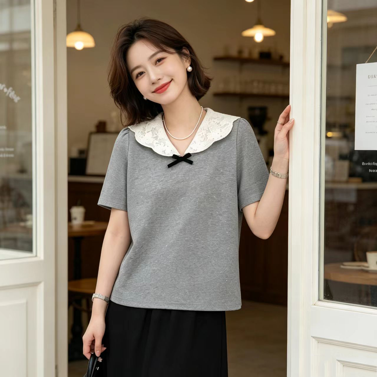 실사 2026 여름 드레스 새로운 지방 mm 루즈핏 슬림해 보이는 품격 고급 센스 베이비 칼라 빅 사이즈 여성 의류 반팔 티셔츠