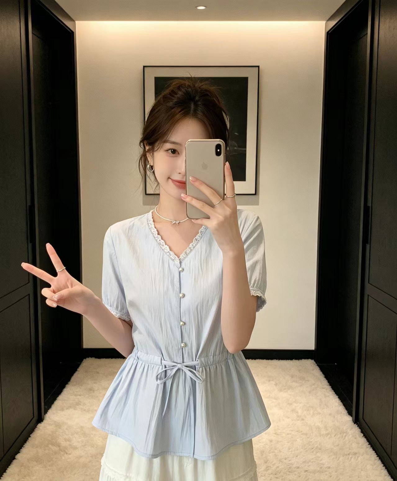 실사 여름 새로운 빅 사이즈 여성 의류 레이스 V넥 반팔 여성 셔츠 지방 mm 고유 한 펌프 로프 허리 수축 맨위
