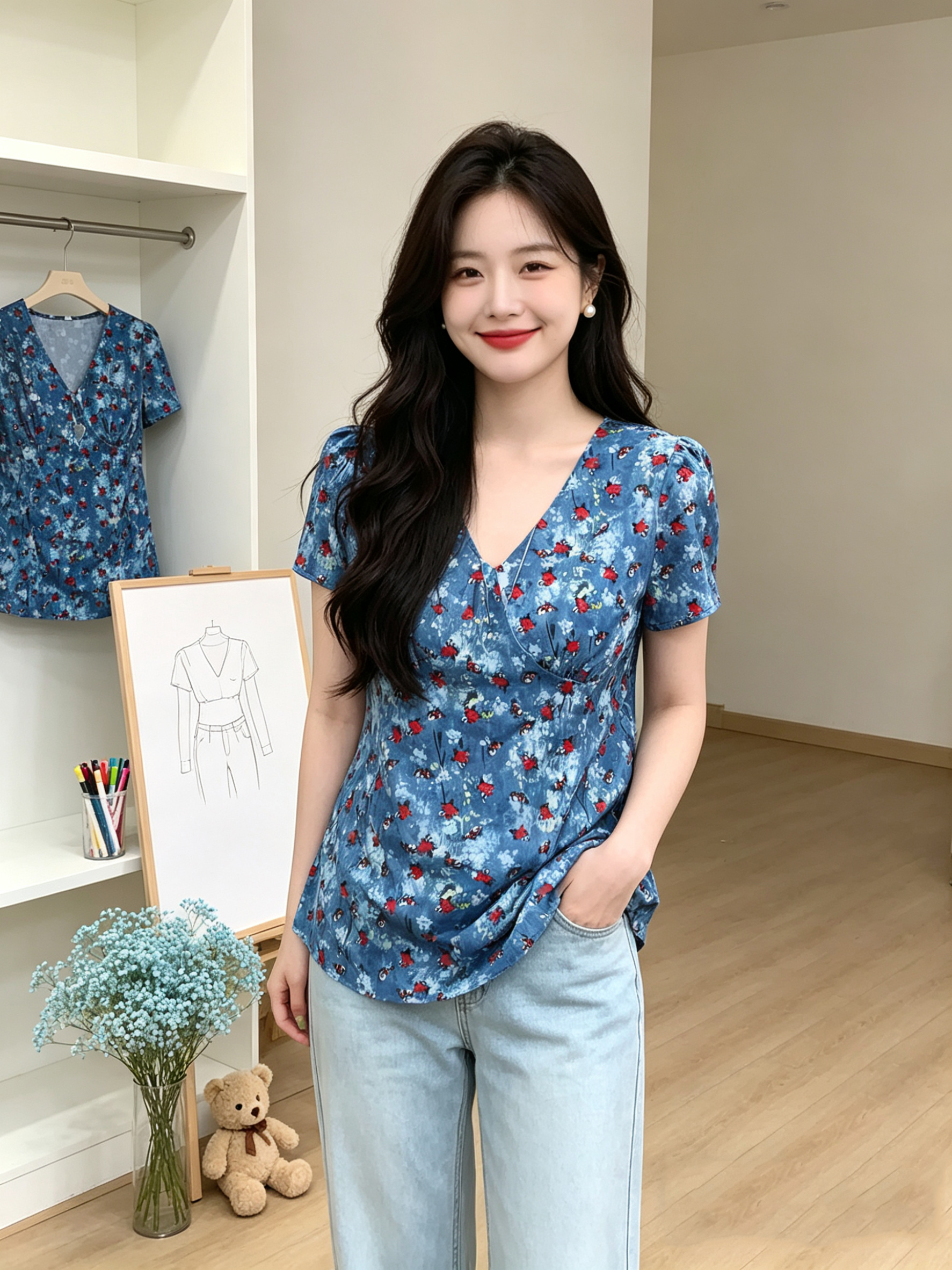 실사 2026 여름 새로운 빅 사이즈 여성 의류 허리 수축 슬림해 보이는 V넥 셔츠 작은 꽃무늬 반팔 고급 센스 티셔츠 맨위