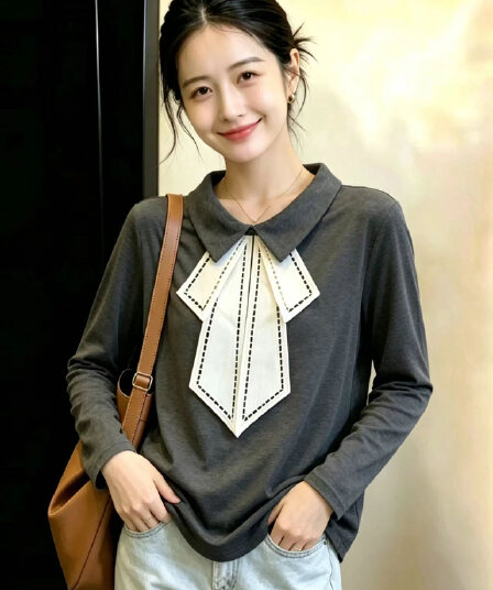 실사 봄 드레스 새로운 지방 mm 루즈핏 슬림해 보이는 POLO 칼라 디자인 센스 Chic 빅 사이즈 여성 의류 긴팔 티셔츠 맨위