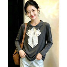 批发实拍<b class='q'>春</b>装新款胖mm宽松显瘦polo领设计感别致大码女装长袖T恤上衣