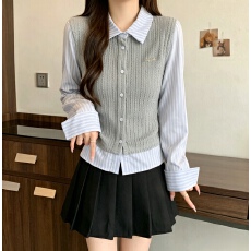 批发秋款灰色假两件拼接<b class='q'>条纹</b><b class='q'>衬衫</b>女大码胖mm新款学院风时尚显瘦上衣
