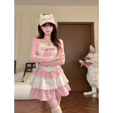 批发夏季甜美可爱少女粉色蝴蝶结格纹拼接收腰吊带<b class='q'>连衣裙</b>显瘦开衫套装