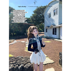 批发迟伞伞25/fw 零度航线 藏青色翻领条纹系带海军风针织毛衣上衣